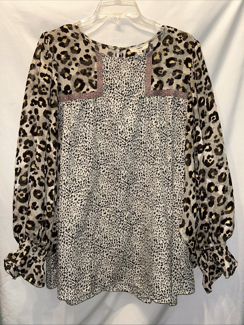 Entro Women’s XL Mixed Print Oversized Blouse Top Puff Sleeves Leopard Boho